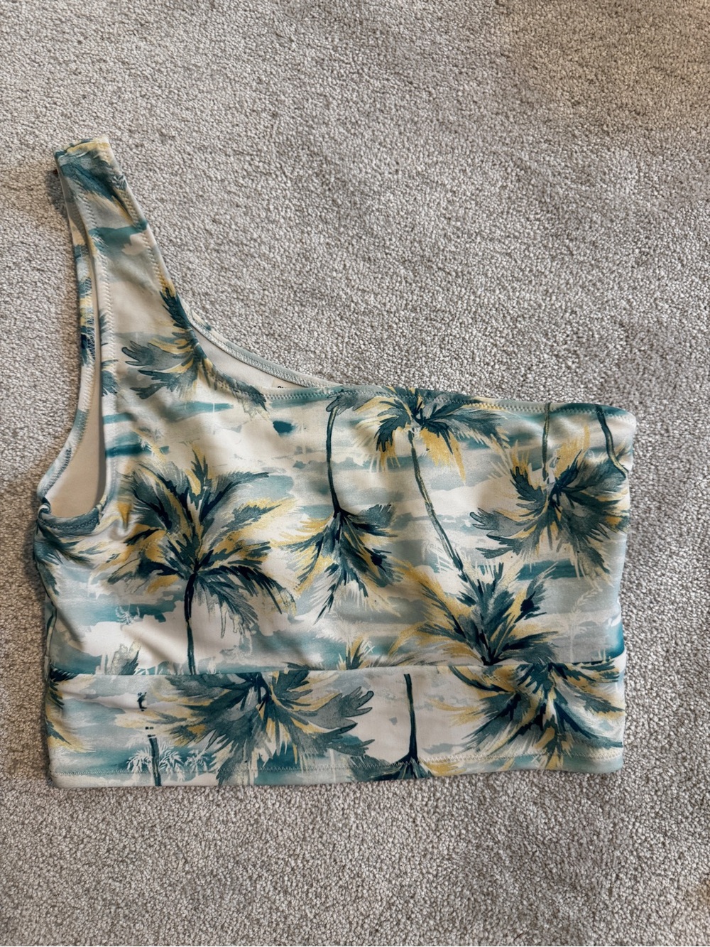 One-Shoulder Palm Print Swimsuit Top - Teal/Yellow